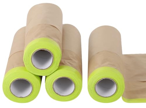 Calolin 4 Rolls Pre-Taped Masking Paper for Painting, 11.8 In x 49.2 Ft Tape and Drape Painters Paper, Paint Adhesive Protective Paper Roll for Covering Skirting, Door Frames, Cars