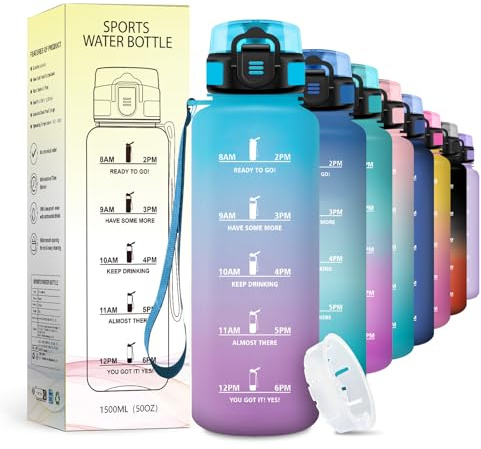 JAPORIA Sportflasche 1.5L, Auslaufsichere Wasserflasche mit Filter, Kohlensäure Geeignet, Trinkflasche mit Zeitmarkierung, für Fahhrad, Erwachsener, Camping