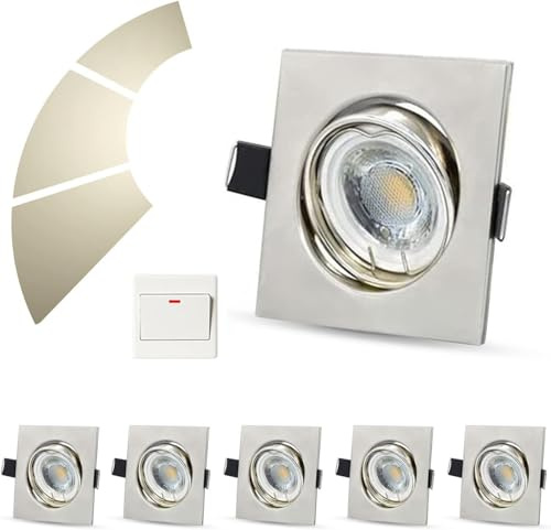 Allesgute 6er Set LED Einbaustrahler 6W 230V Dimmbar Einbauleuchten Ø68mm | Flaches eckiges Design, Einbauspots schwenkbar, Warmweiß 3000K, 500lm helles Licht, für Wohnzimmer Schlafzimmer Küche