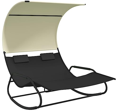 Nqyjm Gartenliege Doppel-Schaukelliege mit Sonnendach Schwarz und Creme, Sonnenliege Liegestuhl Strandliege, Outdoor Liege für Garten Terrasse Balkon Poolbereich
