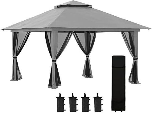 Outsunny Pavillon 4x4m Stabil Winterfest Pop-up Gartenpavillon Dunkelgrau | Doppeldach, UV Schutz 50+, Partyzelt Gartenzelt, 4 Seitenteilen, Tasche, Sandsäcke, Camping Garten Festival