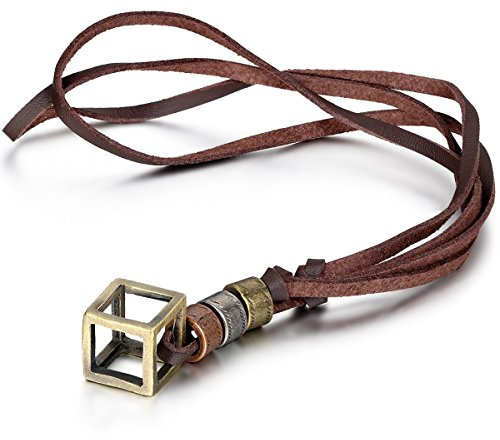 JewelryWe Schmuck Leder Kette mit Durchbohrtem Box Kasten, Ringen Anhänger, Braun Halskette für Damen und Herren, Verstellbare Länge 40cm-80cm