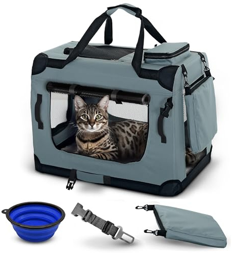 PET VIOLET Hundebox Hundetransportbox faltbar & robust für Auto & Reise – 50×34×36 cm – atmungsaktive Transportbox Transporttasche für Hunde & Katzen Stoffbox Tragetasche Grau