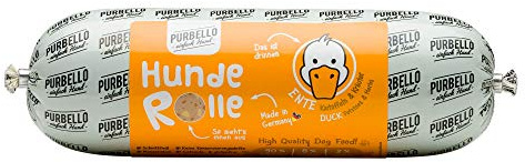 PURBELLO Hundrulle anka med potatis och örter – monoprotein hundmat med hög kötthalt – våtfoder för hundar – hundkorv skärbeständig och spannmålsfri – 8 x 800 g