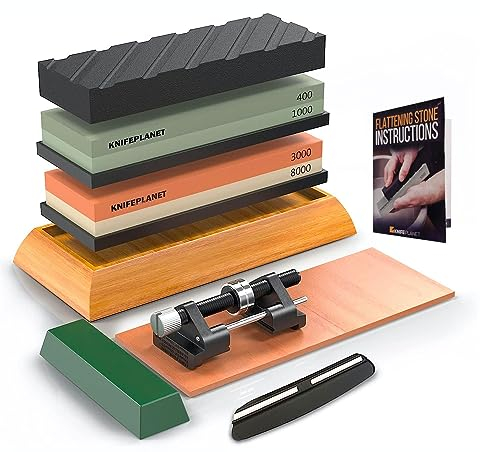 KNIFEPLANET afilado de cuchillos de piedra conjunto 400/1000 y 3000/8000-grit profesional, seguro afilador de cuchillos conjunto whetstone juego incluye aplanamiento de piedra