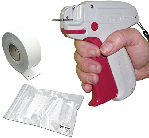 HUTNER Etikettierpistole Set: Textil-Pistole Banok 503 X FEIN + 1.000 Heftfäden 20 mm + 1.000 Kartonetiketten 30x40 mm