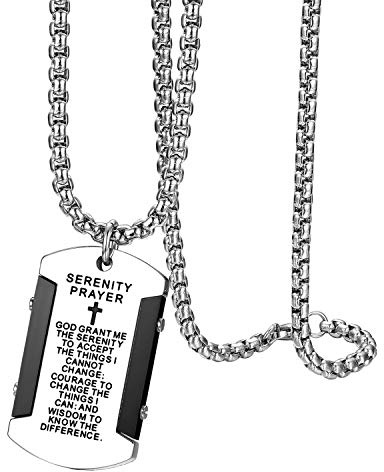 Flongo Herren-Kette Männer Anhänger Halskette Rosenkranz Kette Silber Schwarz Gold mit Englisch Bibel Gravur Jesus Dog Tag Herrenketten Herren-Accessoires