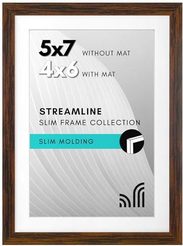 Americanflat 7x5 Photo Frame in Walnut - Thin Border 6x4 With Mount or 7x5 Without Mount - Shatter-Resistant Glass and Easel for Wall and Tabletop Display