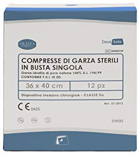 DEALFA Compresse di Garza Sterili - 36x40 cm - 100% Puro Cotone - per Medicazione, Cura e Pulizia Ferite - Monouso - Busta Singola da 1 Pezzo - Confezione da 12 Buste