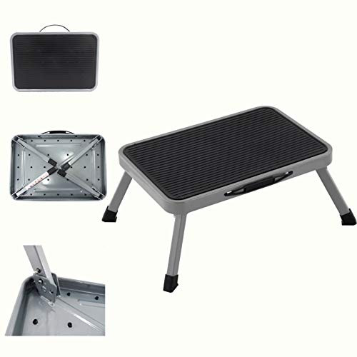 Sgabello pieghevole in acciaio con manico integrato, poggiapiedi pieghevole con piattaforma in plastica antiscivolo, carico massimo 150 kg, per bambini, adulti, anziani a casa, cucina, bagno, camper,
