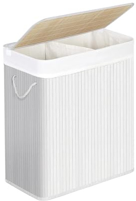 21Bamboo 100L Bambus Wäschekorb mit Deckel – Stabiler, Faltbarer Wäschesammler mit 2 Fächern, Herausnehmbarer & Waschbarer Wäschesack, Badezimmer, Schlafzimmer (Weiß)