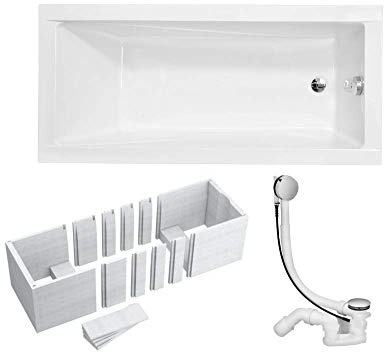 VBChome Badewanne 180x80 cm Acryl 3-in-1 KOMPLETT SET Siphon Wanne Rechteck Weiß Design Modern Wannenträger Ablaufgarnitur Chrome