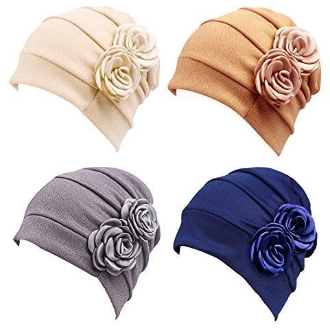 PHOGARY 4 Stücke Turban für Damen, Sommer Turban Mütze Damen Chemo Kopfbedeckung Hut Für Haarverlust Chemo Mit Blume Baumwollmütze