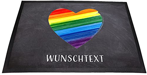 Tierisch-tolle Geschenke Personalisierte Regenbogen Fußmatte mit Wunschname/Wunschtext | Waschbar | rutschfest | Innen & Außen | Regenbogen Herz