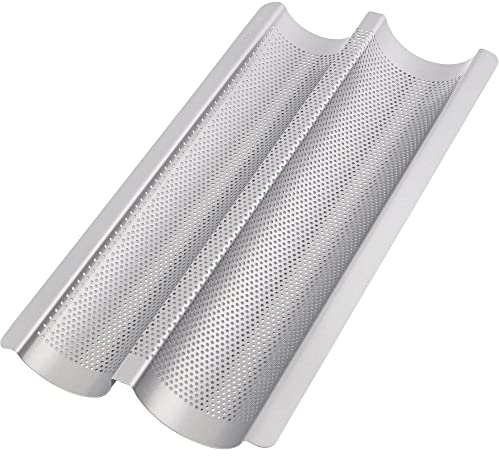 GOURMEO Barra de Baguette - Plata 2 Moldes para Pan de Baguette - Bandeja para Hornear con Revestimiento Antiadherente - 38,5 x 20,5 x 3,5 cm - Bandeja para Baguette Fácil de Limpiar - Plata