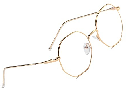 Klassische Retro Blaulichtfilter Brille, Polygon Brille Ohne Stärke Damen und Herren, Mode Fake Brille für Anti Blaulicht von Computer mit Metall Brille Beine (Gold)