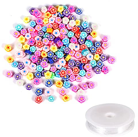 SAVITA 150 Stück Blumen Perlen für Schmuck, Polymer Ton Perlen Bunte Lose Blumenperlen mit 1 Rolle Elastischem Kristallseil für Armbänder Halskettenherstellung und Heimwerkerarbeiten