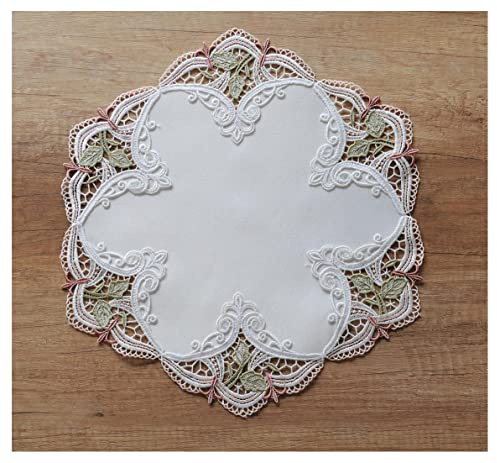 Spitzendecke Rosalie Satin mit farbigen Spitzenkanten 38cm rund | atelier alles-Spitze Zartes Deckchen Stoffmitte mit detailreichen farbigen Spitzenmotiven | Hochwertige Tischwäsche