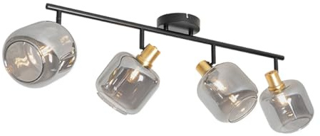 Qazqa Verstellbarer Deckenstrahler, Deckenspot - Zuzanna - Schwarz mit Rauchglas, max. 25W, Geeignet für LED, 102cm, 4-flammig, Ideal als Flur, Küche lampe, Wohnzimmerlampe und Schlafzimmerlampe
