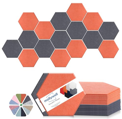 Mollywell Hexagon Acoustic Panels, High Density, Soundproofing, Decorative Noise Reduction Felt Wall Tiles for Ceilings, Home Office & Gaming Room (Moon Gray and Orange), 14x12x0.4 Inch