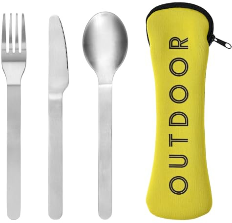GRÄWE Reisebesteck-Set, Edelstahl Campingbesteck, wiederverwendbar, 3-teilig inkl. Etui, mit Messer Gabel Löffel, BPA-frei, gelbe Hülle