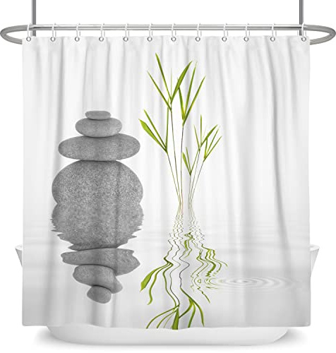 SDOTPMT 120x180cm Cortina de Ducha Bambú Hojas Blancas Zen Meditación para Baño Poliéster con Ganchos