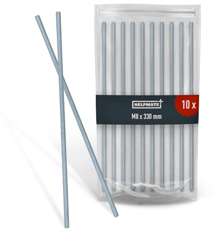 HELPMATE – Gewindestange M8x330 mm aus verzinktem Stahl – 10 Stück | Mit metrischem Vollgewinde – Gewindestab nach DIN 976 – Festigkeitsklasse 4.8 – Gewindestift für Bau, Garten, DIY, Modellbau