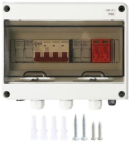 DEWIN Überspannungsschutz PV, Solar Anschlusskasten mit 63A DC Trennschalter 30A Sicherung Sicherungshalter 2 in 1 Out 2 String Outdoor IP65 Wasserdicht Blitzschutz für PV Anlage DC 1000V