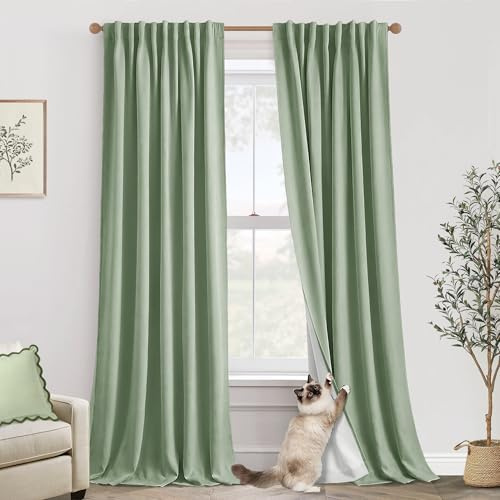 Sage Green Cat Proof Curtains, 96 Inch Long Floor Length, Ring Top or Pinch Pleated with Pin Hooks on Heading Tape, Polished Linen Look Modern Farmhouse Curtains for Bedroom Living Room, 2 Panel Set