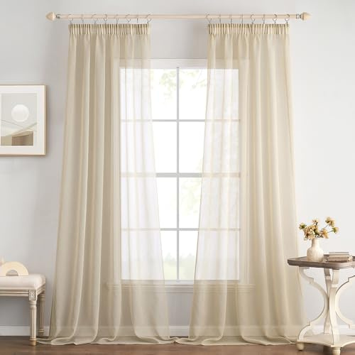 EMEMA Gardinen Vorhänge mit Kräuselband 2er Set 225cm Lang Beige Vorhang | Vorhänge mit Kräuselband Transparente Gardine für Schienensystem Wohnzimmer Luftig Dekoschal Schlafzimmer 140 X 225cm