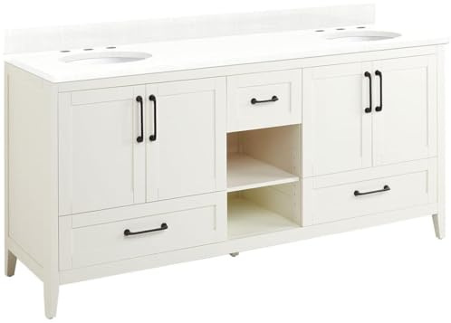 Signature Hardware 953346-72-UM-8 Burfield 72 Freestanding Double Basin Vanity Set with Cabinet, Vanity Top, and Oval Undermount Sinks - 8 Faucet Holes - White/Feathered White