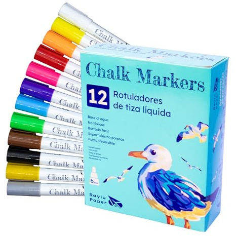 RAYLU PAPER Rotuladores de Tiza Líquida, Rotuladores de Tiza Líquida Borrable para Pizarra, Marcadores con Punta Reversible 3mm y 6mm, Para Pizarra Negra y Blanca, Cristal y Cerámica (12 Colores)