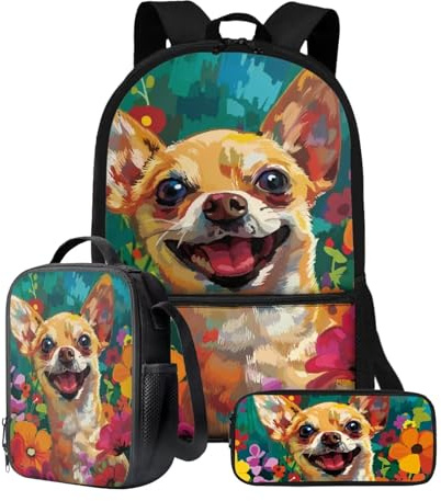 Poceacles Oil Paint Corgi Dog Print Boys Backpacks for Primary Junior School Kids Backpack with Lunch Box Bookbags Boys Backpack for Kids Children Teens Elementary Middle School