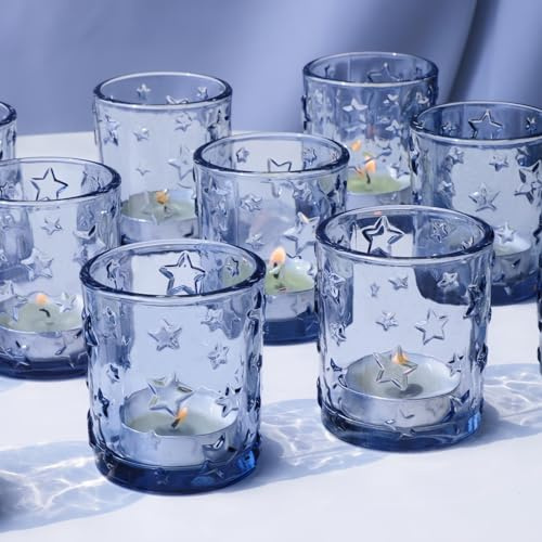 VOHO Embossed Stars Votive Candle Holders for Table Centerpiece, Blue Candle Holders Aesthetic for Winter Christmas Decorations, 12pcs Glass Tealight Candle Holder for Votive/Tea Lights Candles