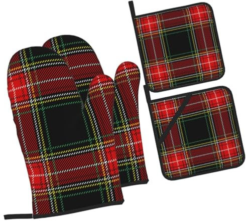 4 Pezzi Forno E Presine Guanti Tartan Scottish Plaid Checkered Pattern Guanti Da Forno Divertenti Cucina Guanti Resistente Al Calore Guanti Da Cucina Per Grill, Bbq, Cuocere