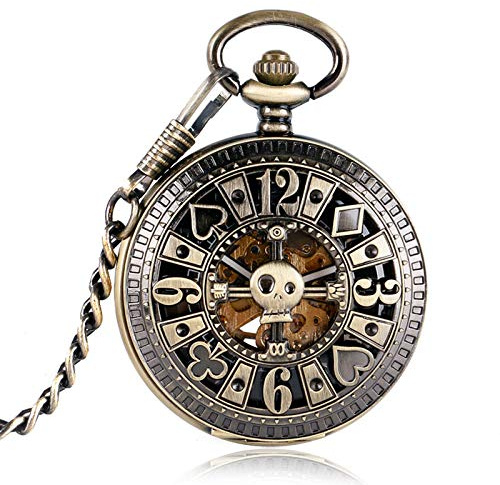 YIHANSS Einzigartiges Poker-Totenkopf-Design, Bronze, Steampunk, automatische mechanische Taschenuhr, Anhänger, Vintage, selbstaufziehend, Antik