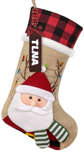 ASTNIC Calcetin de Navidad Grande con Etiquetas con Nombre Bolsa de Regalo de Calcetines de Navidad Personalizada en 3D Papá Noel Calcetin de Navidad Colgar Decoración Navideña