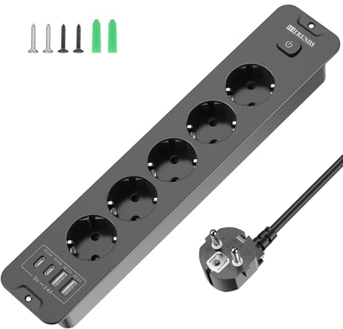 Presa a scomparsa a 5 scomparti, ciabatta da incasso con 4 USB, presa multipla, presa da tavolo con 2 USB C, da tavolo, presa a scomparsa, cavo da 2 m, colore: nero
