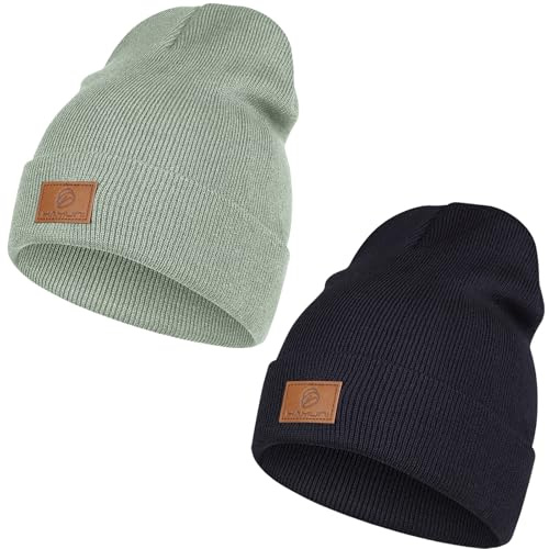 HAMUNI Beanie Mütze Herren Damen Klassische Wintermütze Acryl Beanie Hat | Leatherpatch Strickmütze Unisex Cuffed Hat Bequem Atmungsaktiv Weich Vintage Einfarbig Strick Beanies Winter Warme Geschenke