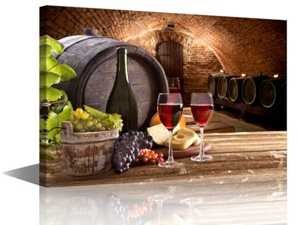 Kitchen Wall Art Red Wine Cellar Pictures Wooden Barrel and Fruit Grape Paintings for Living Room 1 Panel Canvas Artwork Home Modern Decor Giclee Framed Posters and Prints Ready to Hang 24x16 in