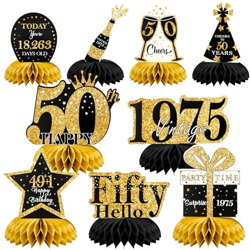 9 Pezzi Centrotavola Compleanno,Centrotavola a Nido d'Ape Oro Nero Decorazioni,Toppers da Tavolo,Compleanno Centrotavolo per Uomini e Donne,Feste di Compleanni (50-HB)