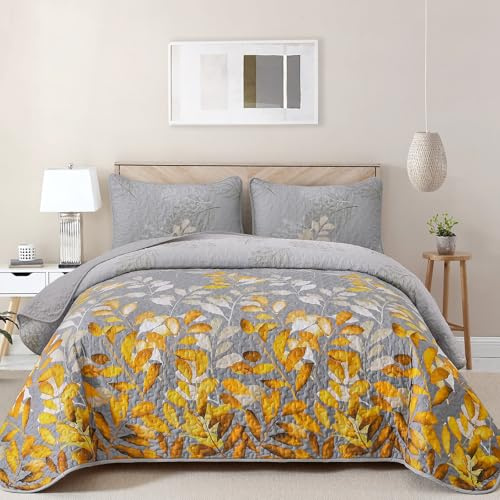 WONGS BEDDING Gold Quilt Set King Size, 3 Pieces Grey Gold Floral Bedspread Coverlet Set, Soft Microfiber Lightweight Floral Bedding Set King 104×90