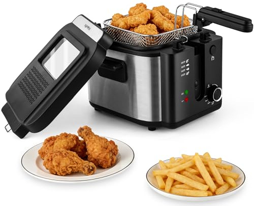 Pukomc 2.5L Electric Deep Fryer,Adjustable Temperature fryer pot with basket for Home Use,Removable Lid and Non-Stick Inner Pot Easy to Clean