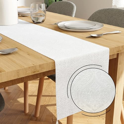 Encasa XO Camino de Mesa Terciopelo, Diseño Grabado 13x94 Blanco | Terciopelo Lujoso de Poliéster | Lavable a Máquina | Elegante Decoración para Mesa de Comedor y Centro
