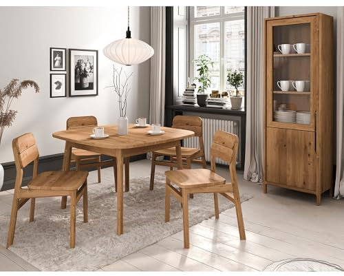 Lomadox Esszimmermöbel Set, Wildeiche massiv geölt, Massivholz/Echtholz | Esstisch 110x90cm, 4 Stühle, 1 Vitrine