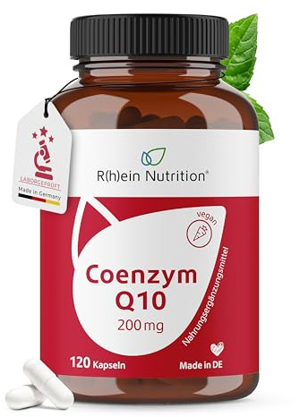 Rhein Nutrition Q10 Kapseln Hochdosiert - Coenzym Q10 200 mg - 120 Kapseln 4 Monatspackung - Vegan & Laborgeprüft in Deutschland - Q10 Ubiquinon