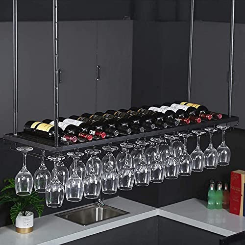 Soporte colgante de hierro para copas de vino con estante ajustable para botellas de vino negro, soporte de techo para tallos boca abajo, proceso de pintura, estante de pared simple