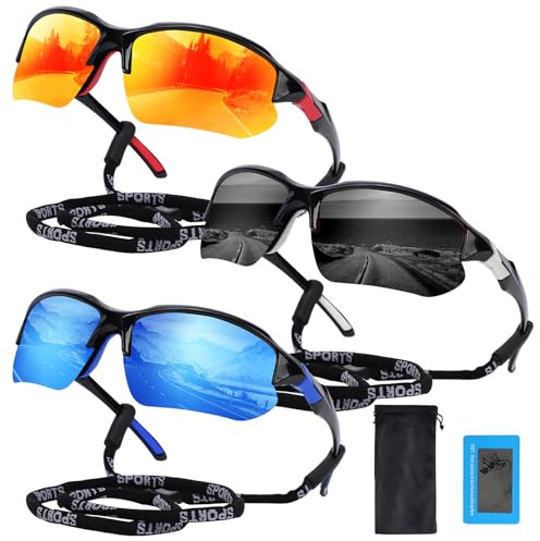 Risipu Cycling Glasses, 3 Pack Polarized UV Protection Sunglasses Mens Womens，Lightweight Goggles for Driving Fishing Running Outdoor