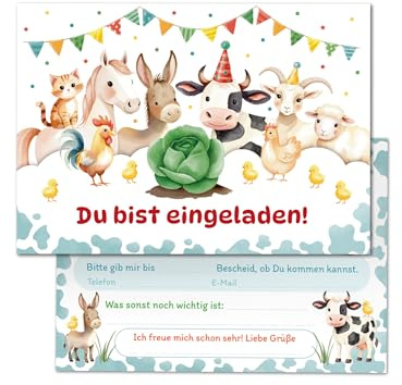 Junaversum 12 Einladungskarten zum Kindergeburtstag Bauernhof Jungen Mädchen Kinder coole bunte Einladungen Geburtstag Geburtstagseinladungen Kids