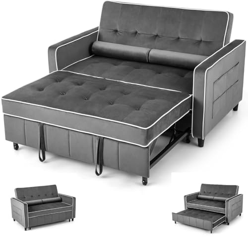 COSTWAY 2-Seater Convertible Pull Out Sofa Bed, Velvet Click Clack Sofa Bed Settee with Adjustable Backrest & Pillows, Upholstered Double Reclining Sleeper Lounge Couch for Living Room Bedroom (Grey)
